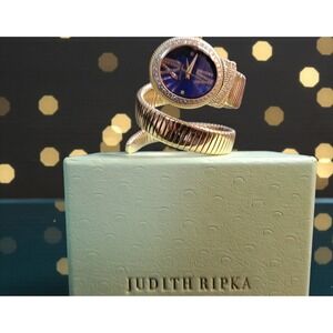 Judith Ripka Womens Gold Tone Coil Wrap Watch Blue Dial Crystal Accents